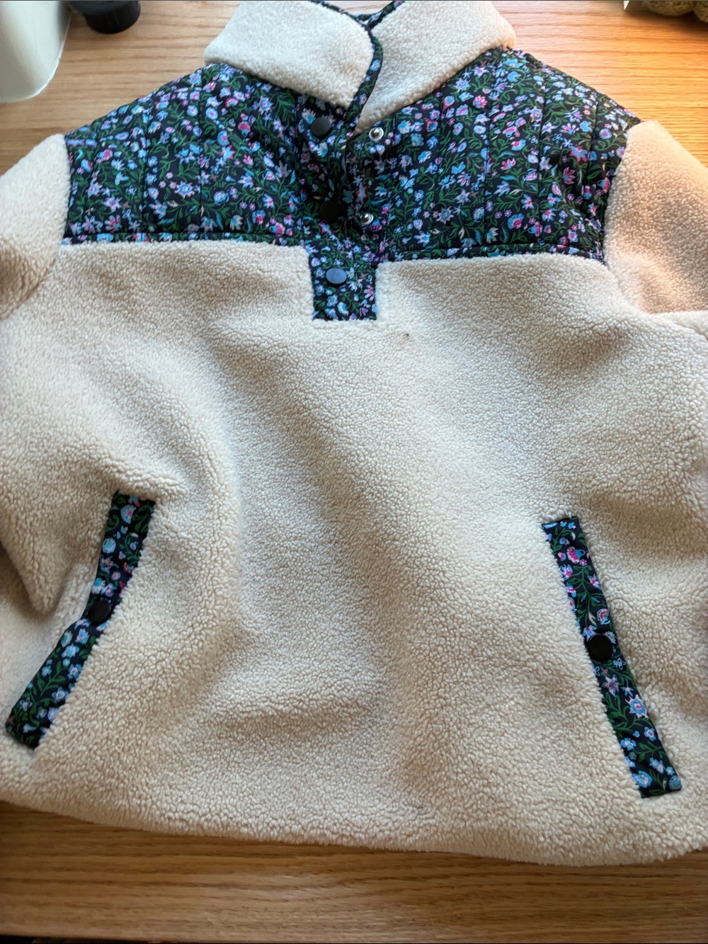 Roller Rabbit Cream Sherpa Pullover with Floral Trim